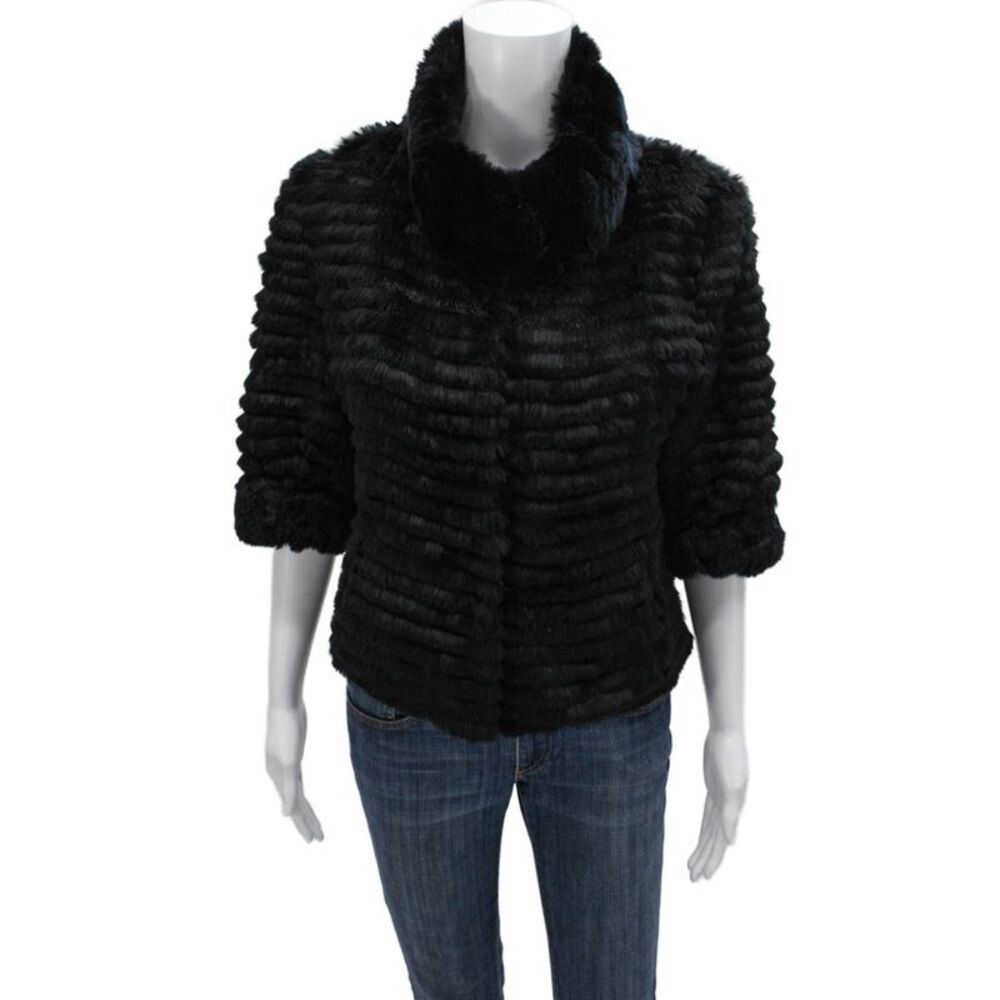 Belle Fare Womens Rex Rabbit Fur Black Basic Jacket 3/4 Sleeve Size XS